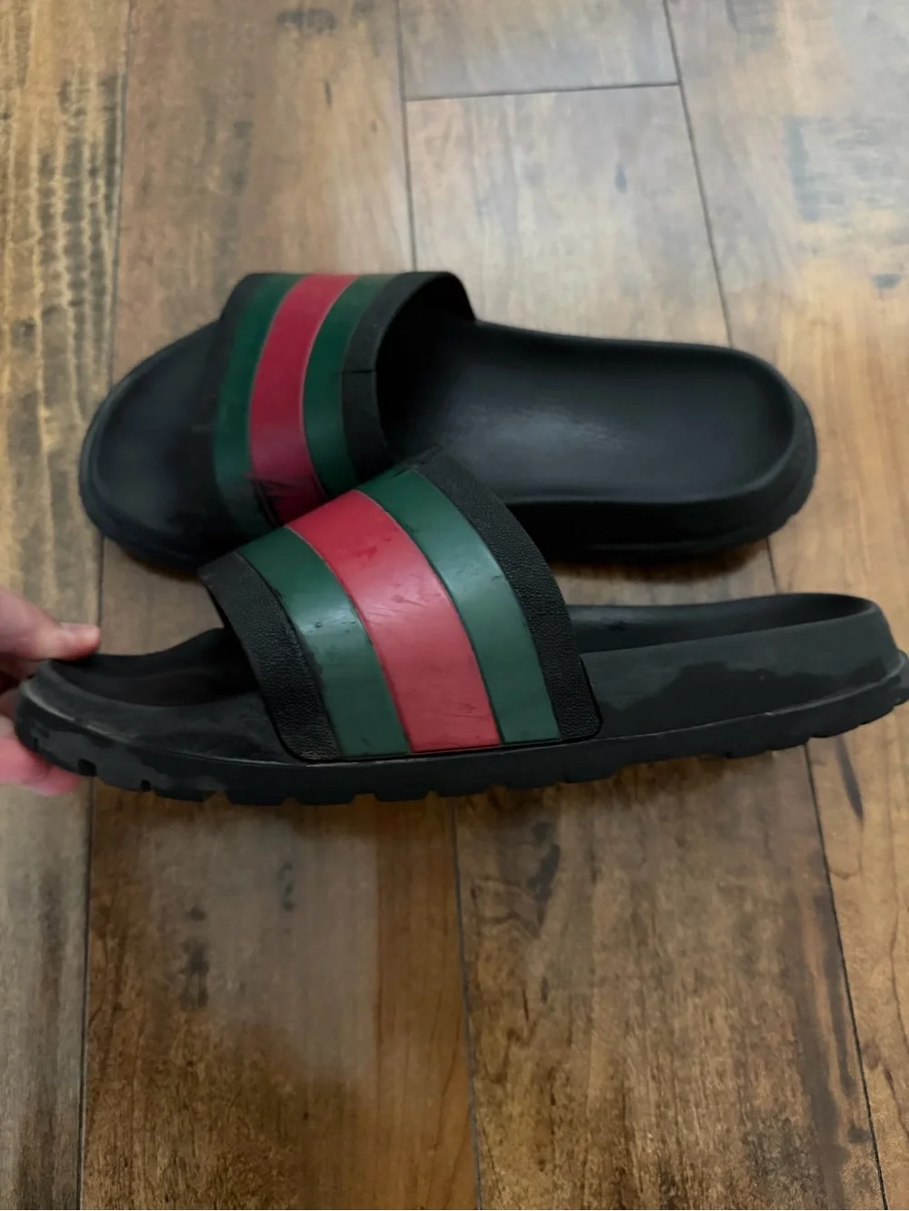 Authentic Gucci Black Slides with Green and Red Stripes